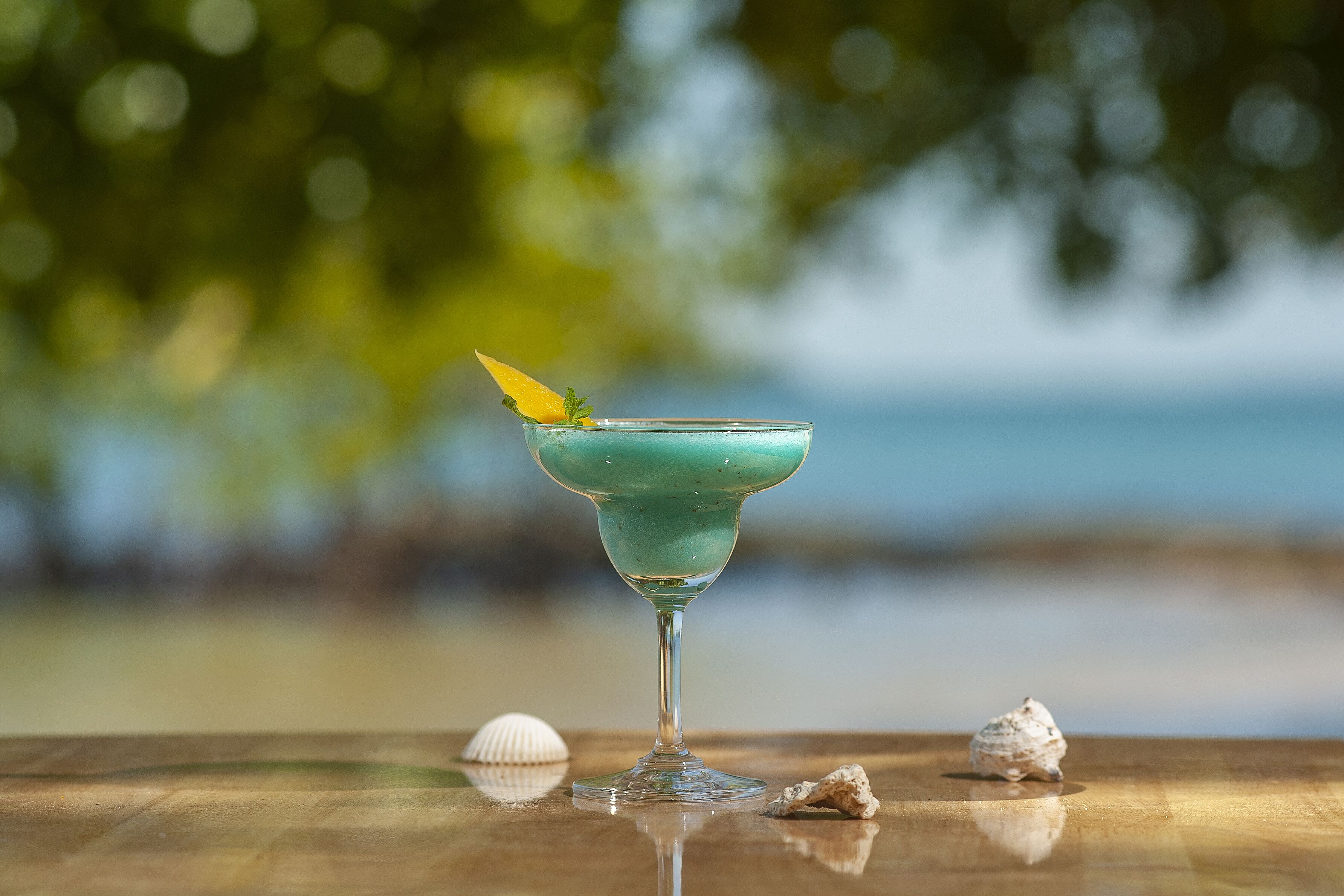 A cocktail glass with a mint garnish on a wooden table with seashells.