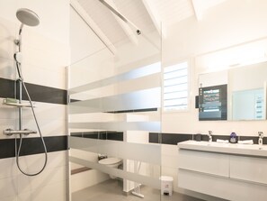 Shower, hair dryer, towels
