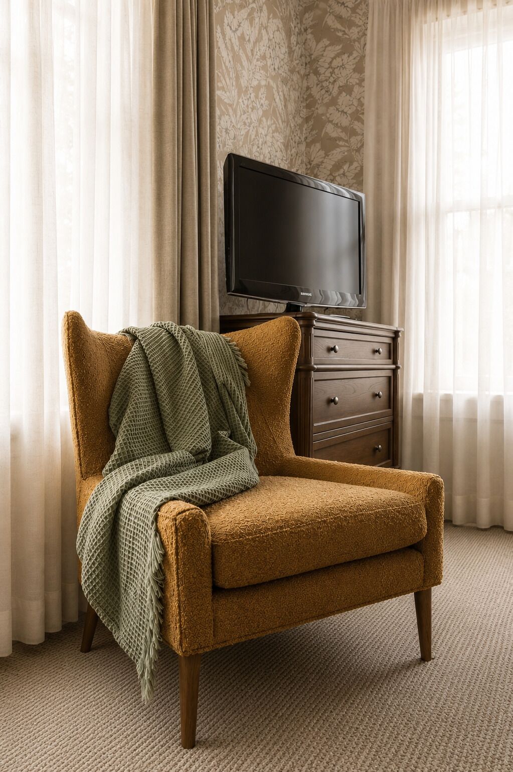 A single brown armchair with a green throw blanket, positioned in front of a wooden dresser with a television on top.