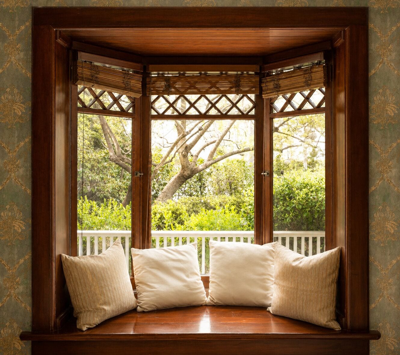 A wooden bench with cushions in a room with patterned wallpaper and a view of greenery outside.
