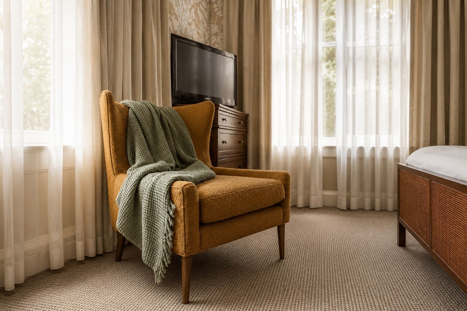 A room with a single armchair, a television, a bed, and sheer curtains.