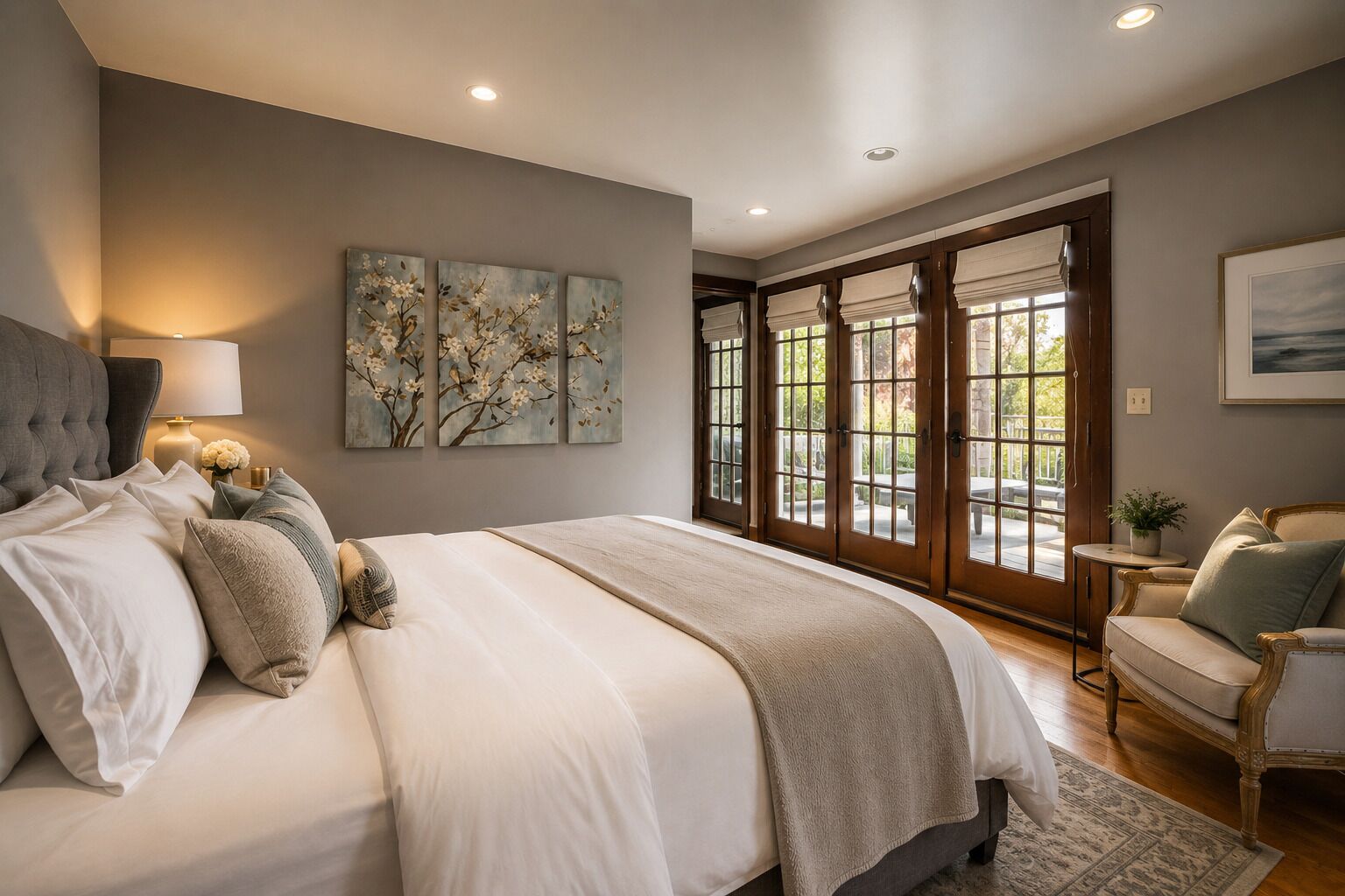 A bedroom with a large bed, a nightstand, a lamp, and artwork on the wall.
