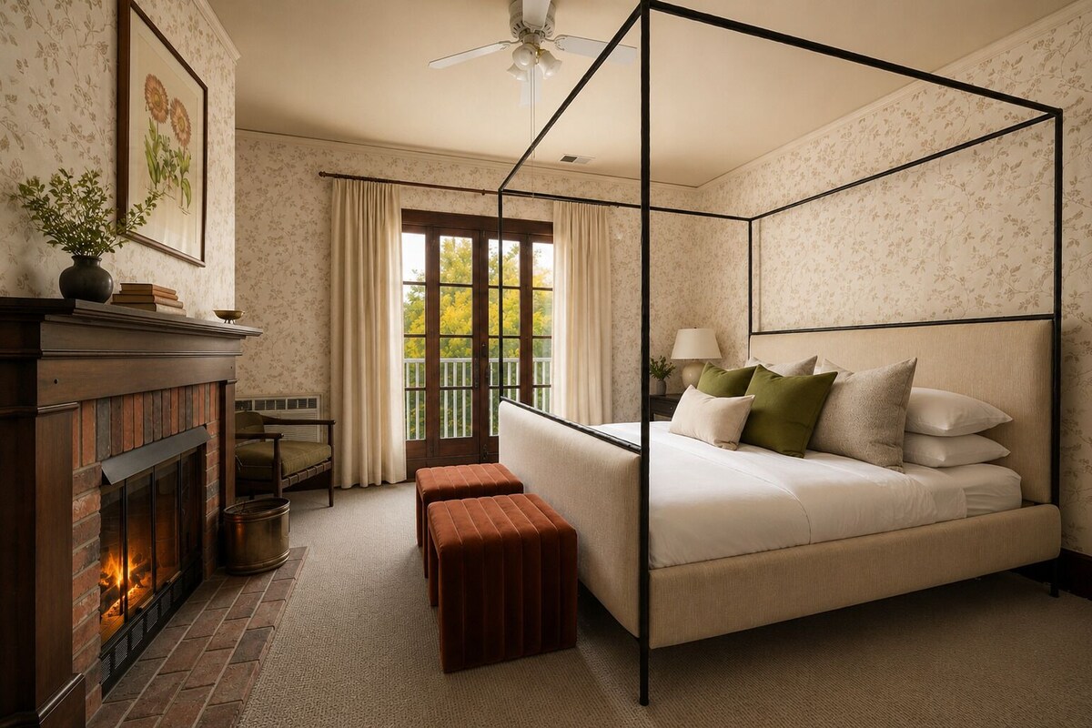 Quarto, 1 cama King, lareira | Camas com colchões de espuma com sistema de memória