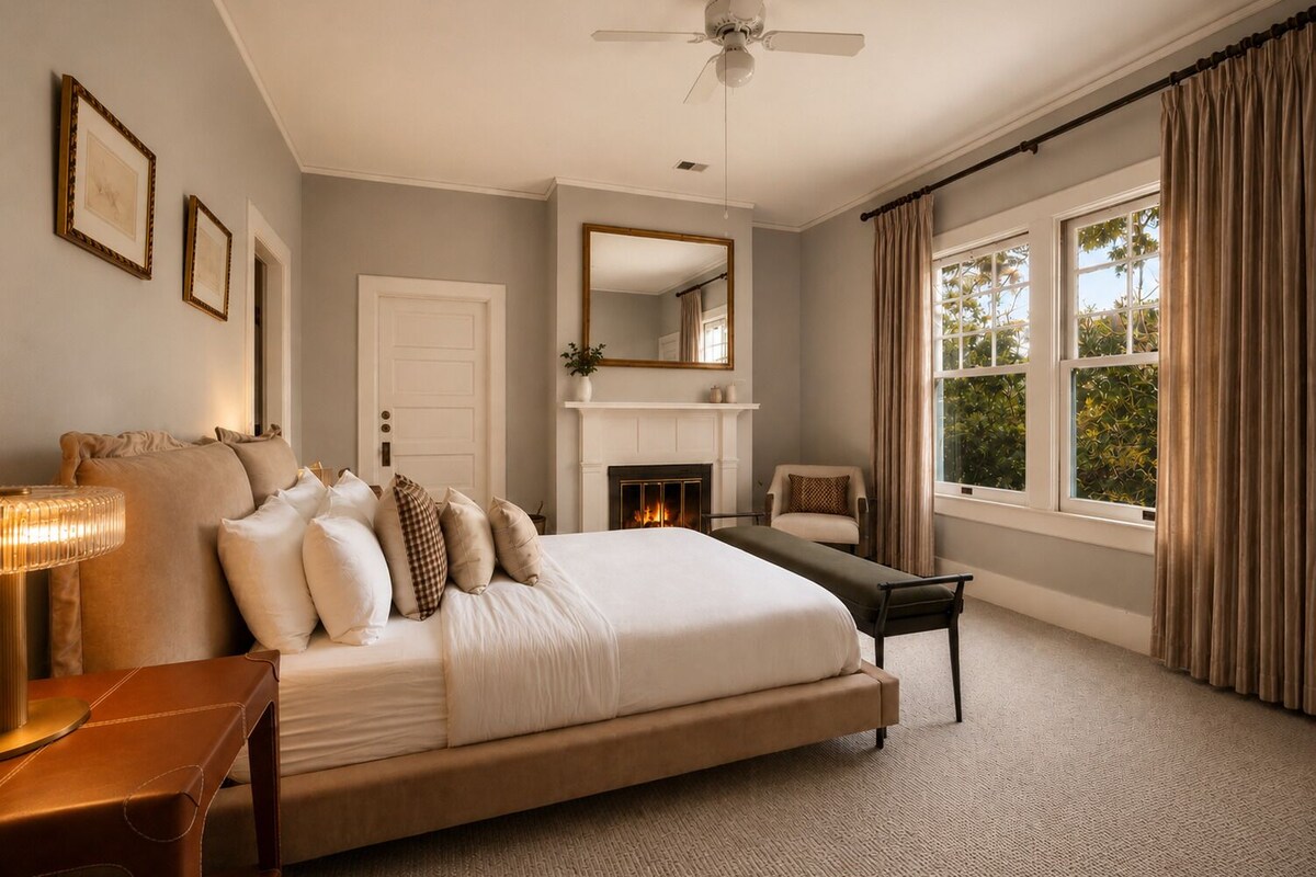 Quarto com cama grande, mesa de cabeceira, uma cadeira, lareira e janela com cortinas.