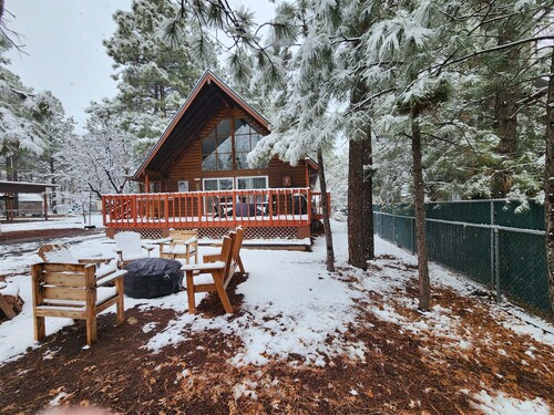 A-Frame - King Bed, gas firepit, fenced yard, deck, screened porch & tall pines