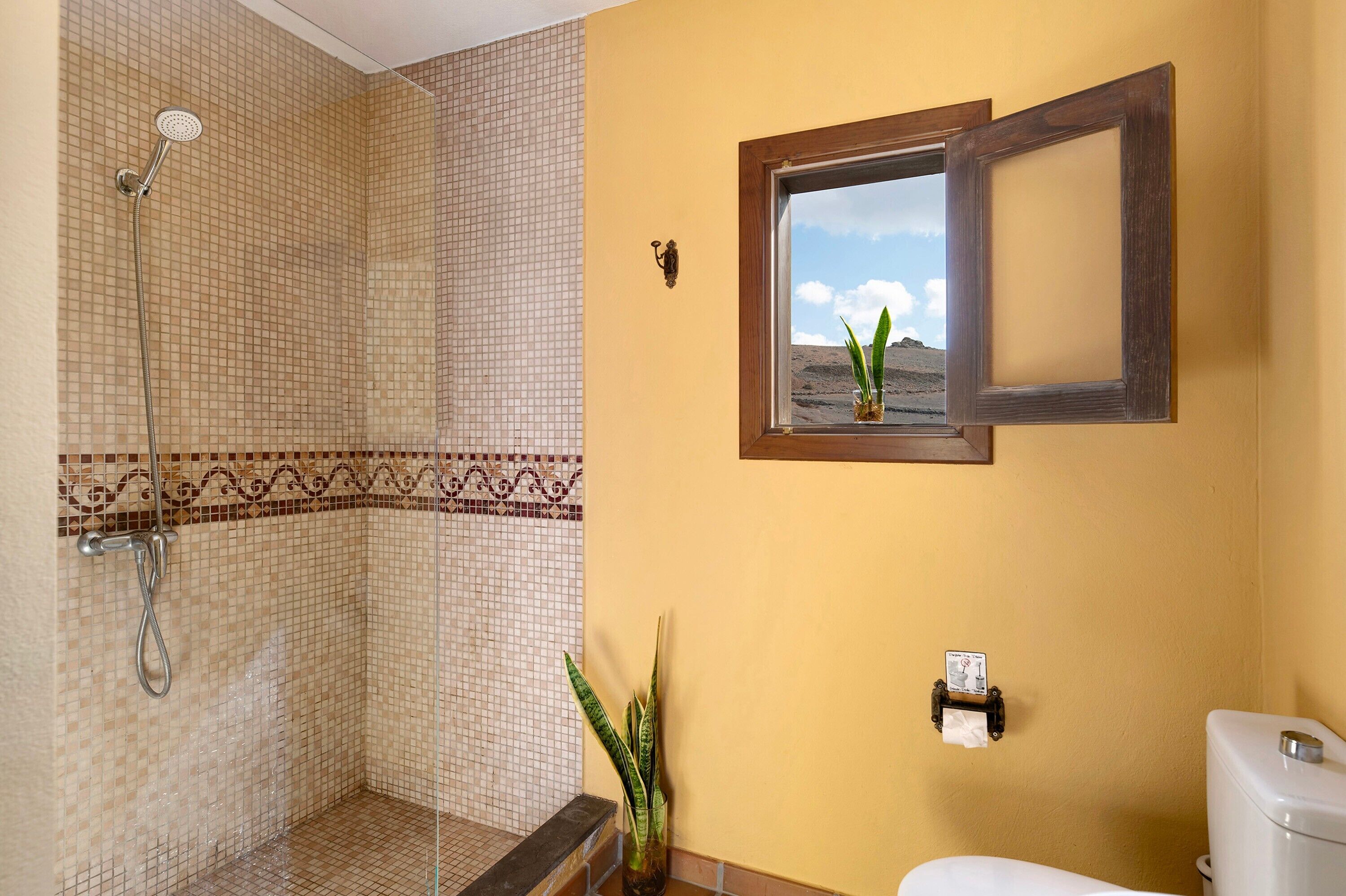 Ein Badezimmer mit Dusche, Toilette, einer Topfpflanze und einem gerahmten Bild an der Wand.