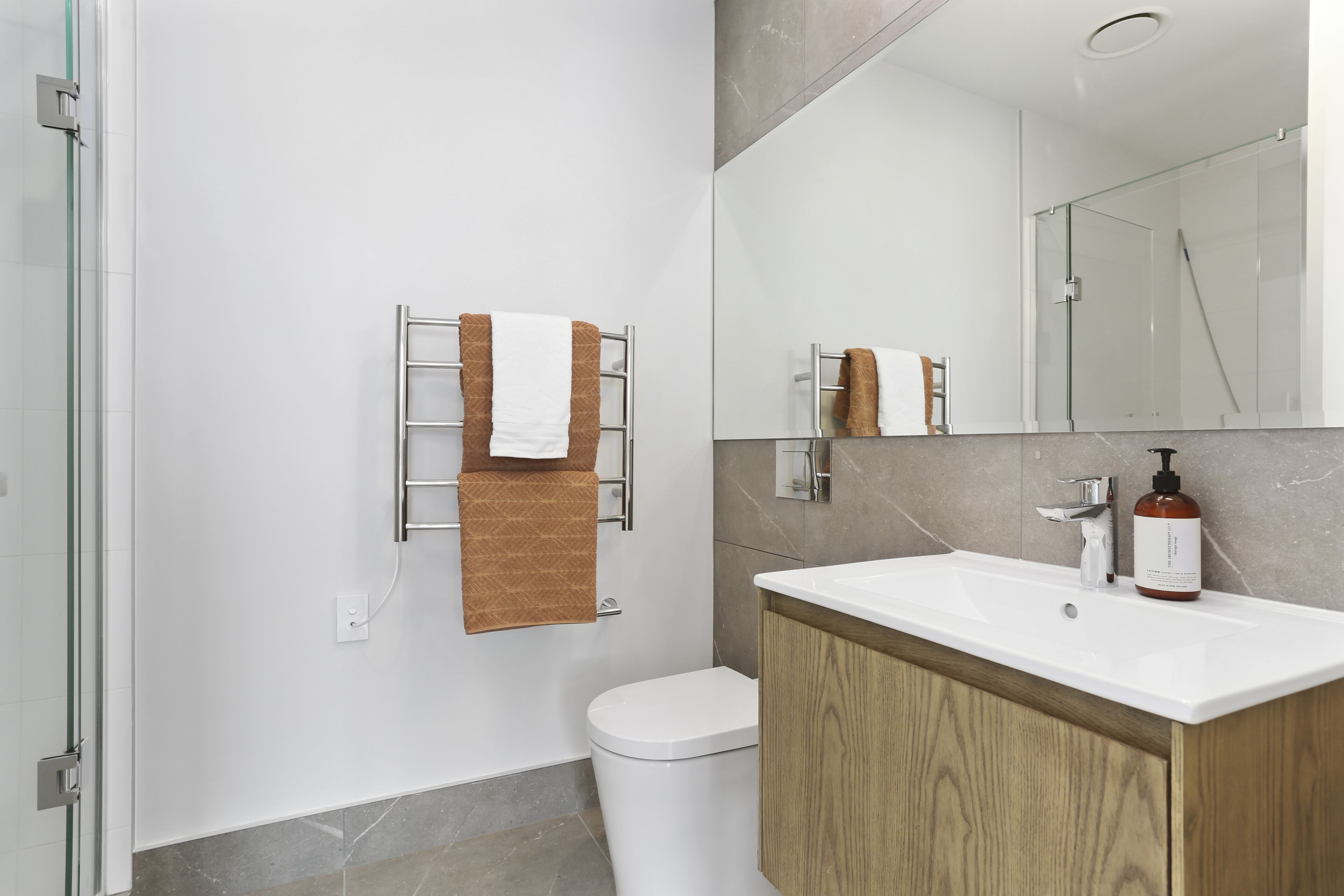 Hair dryer, towels, soap, shampoo