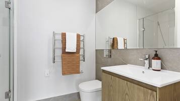 Hair dryer, towels, soap, shampoo