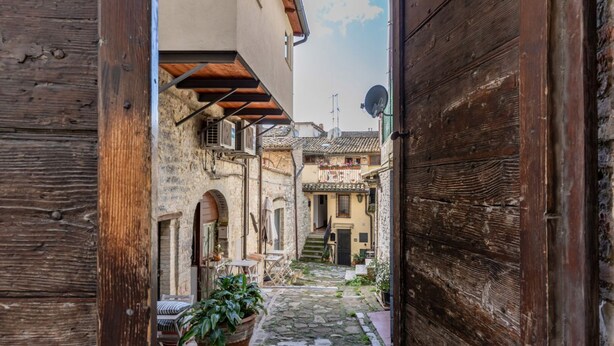 A narrow cobblestone alley with rustic wooden doors, stone walls, and a potted plant.