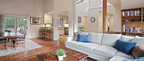 Smart TV, fireplace, books