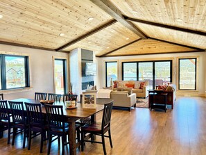 Smart TV, fireplace, foosball, computer monitors