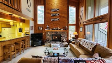 Smart TV, fireplace, DVD player, books