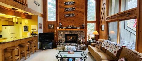 Smart TV, fireplace, DVD player, books