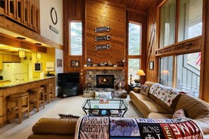 Smart TV, fireplace, DVD player, books