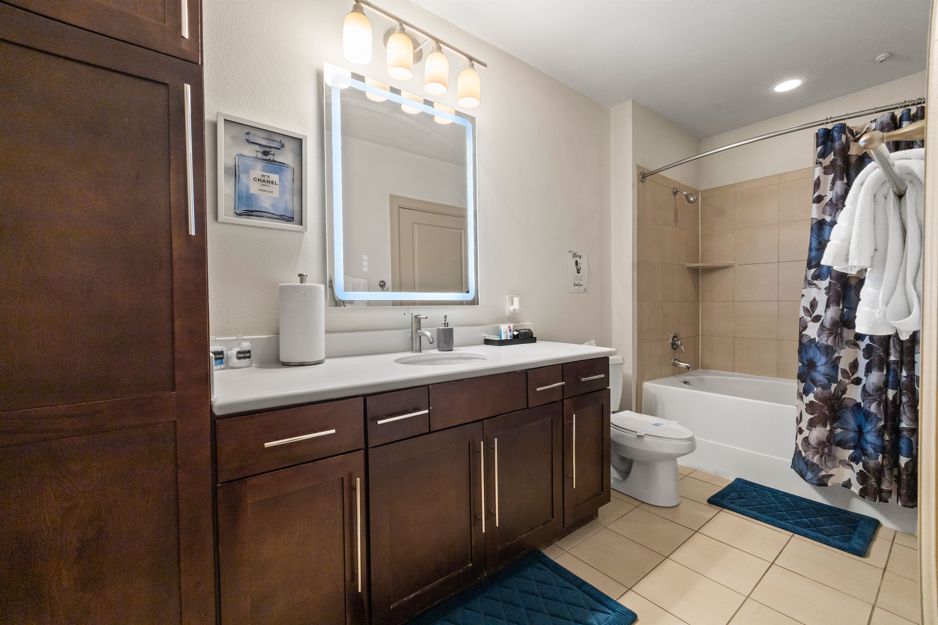 Hair dryer, towels, soap, shampoo