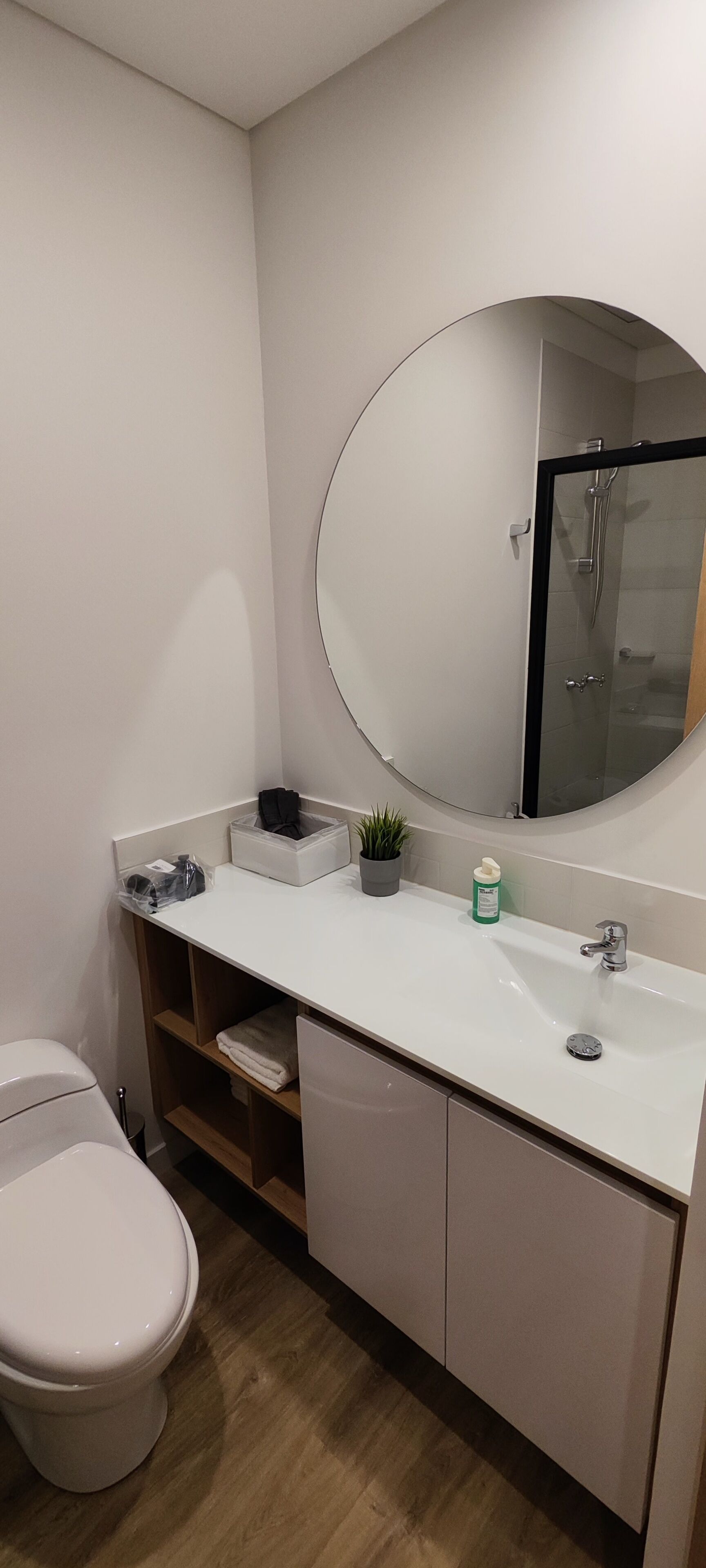 A modern bathroom with a white sink, a round mirror, a shower, and a toilet.
