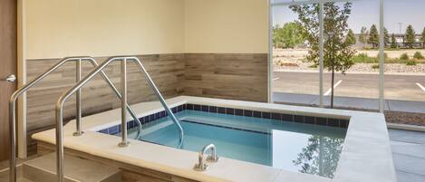 Una piscina interior moderna con vistas amplias al exterior a través de grandes ventanales.