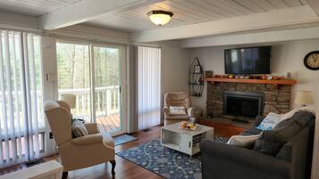 TV connectée, cheminée, livres