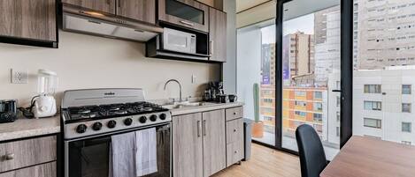Fridge, microwave, oven, stovetop