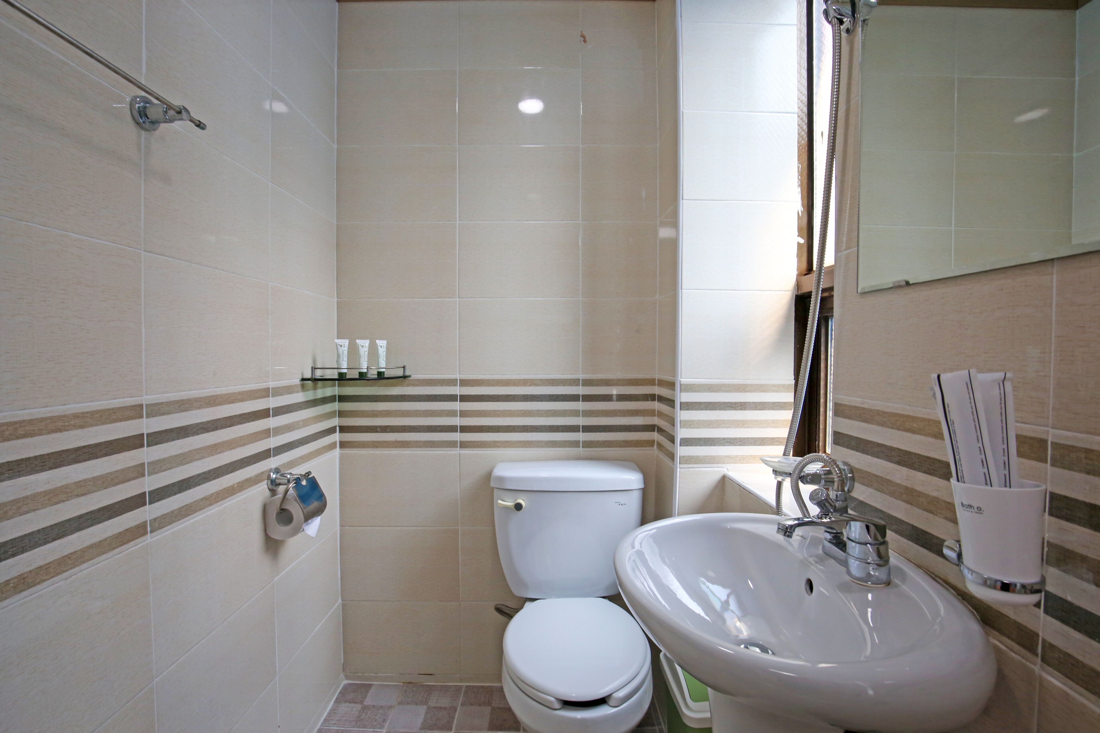 Une salle de bain avec des toilettes, un lavabo et un miroir.