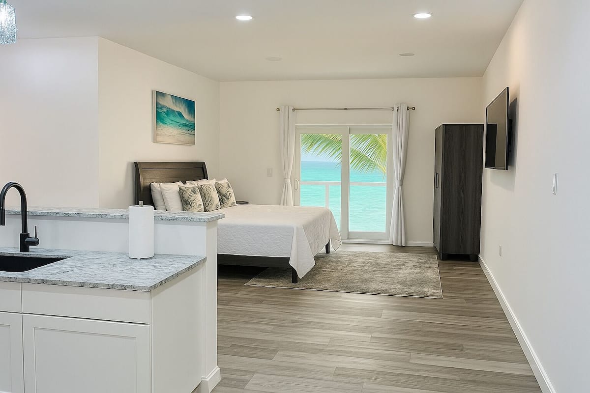 A bedroom with a bed, a view of the ocean, a TV, and a kitchen area with a sink and counter.