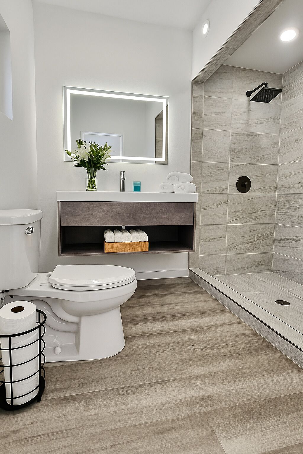 A modern bathroom with a toilet, sink, and shower.