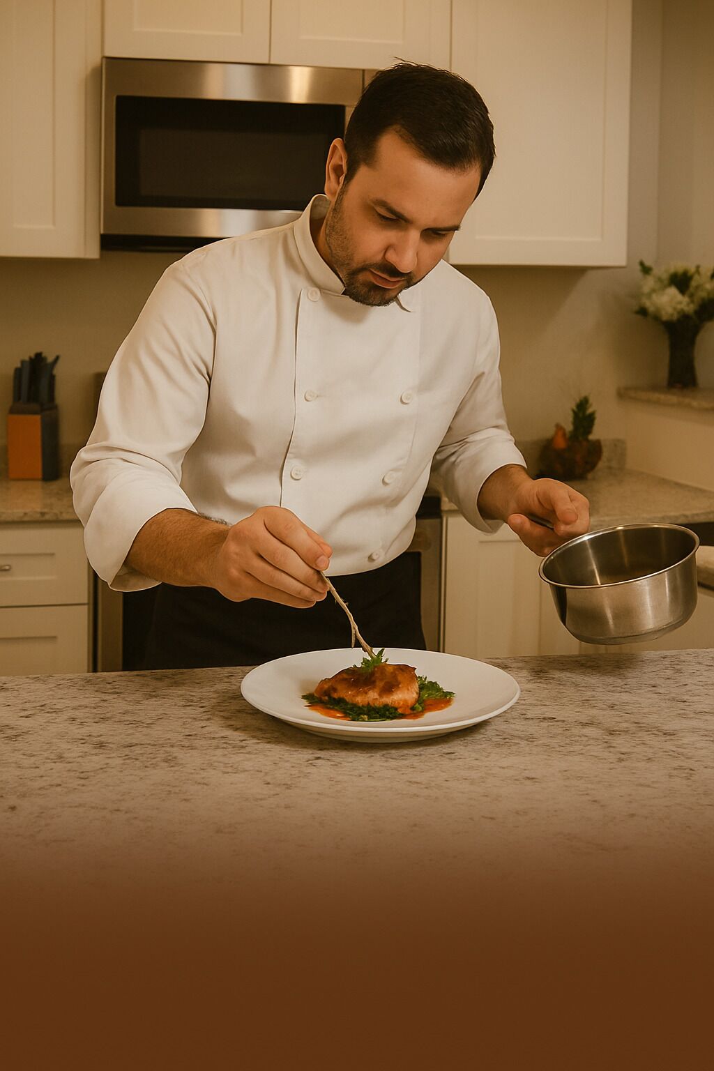 Un chef con uniforme blanco sirve un plato.