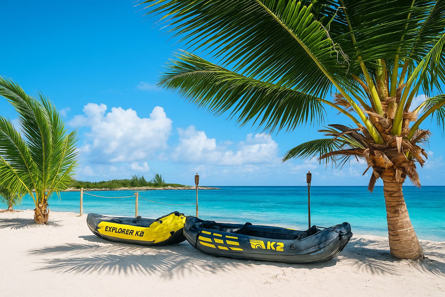 Dos kayaks en una playa arenosa con palmeras y un cielo azul despejado.
