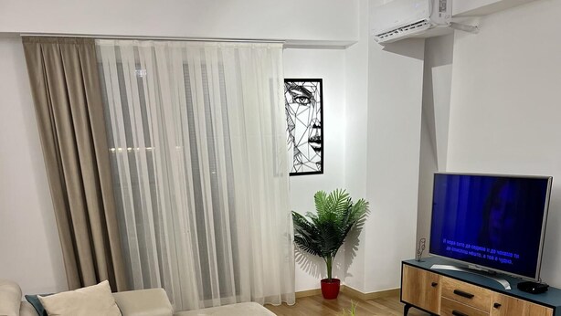 A modern living room with a sectional sofa, a coffee table, a TV, and a potted plant. - Corner penthouse apartment in the centar of Skopje (Skopje)
