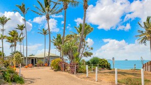 A pathway leading to a building with a green roof, surrounded by palm trees and a view of the ocean.