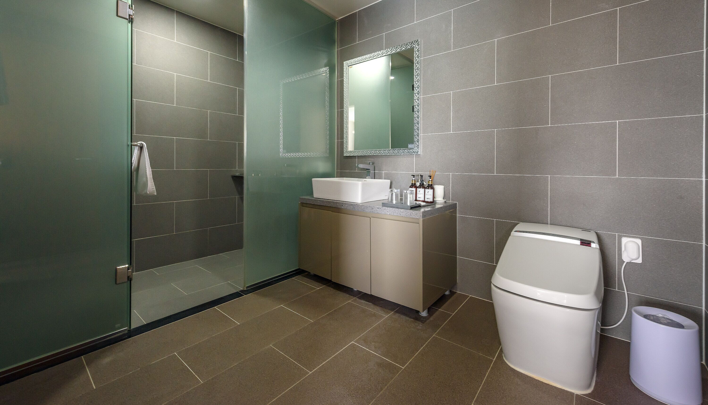 A modern bathroom with a glass shower enclosure, a white sink, and a toilet.
