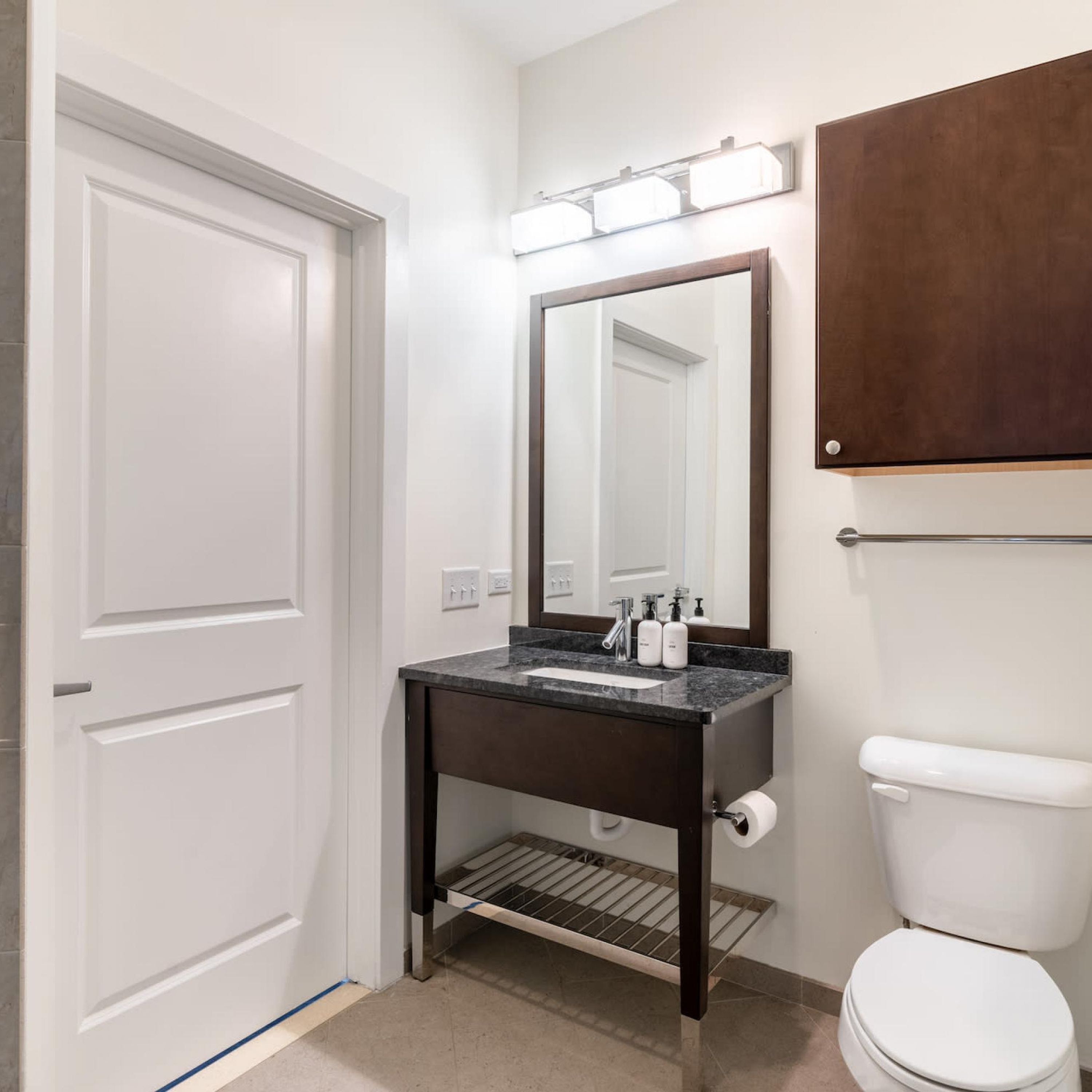 A bathroom with a white toilet, a dark sink with a mirror above it, and a shelf below. There are three lights above the mirror and a towel rack to the right of the toilet.