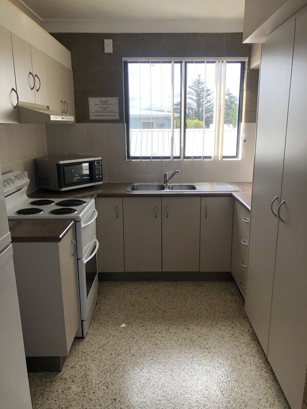 Frigorífico, microondas, horno y placa de cocina