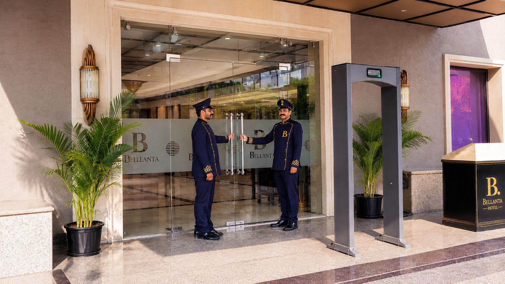 Deux personnes en uniforme se tiennent à l’entrée d’un hôtel, devant une porte vitrée, un poste de sécurité et des plantes en pot.