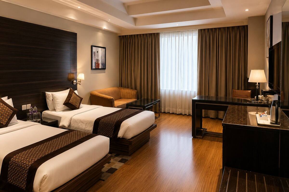A hotel room with two beds, a desk, a chair, a TV, and a large window with curtains.