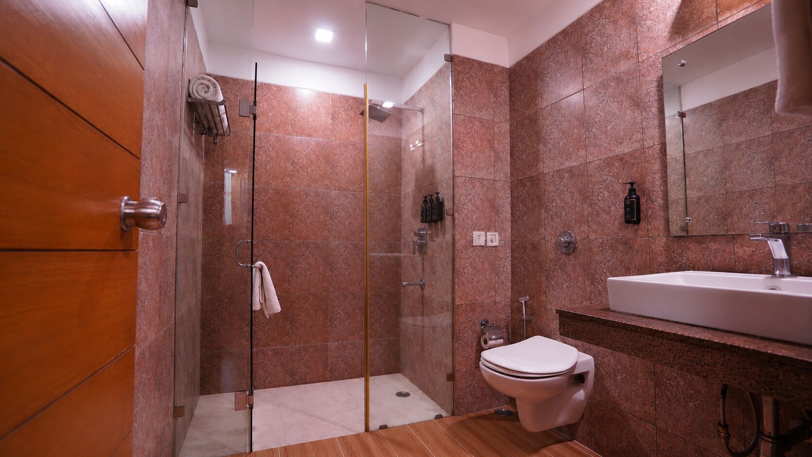 A modern bathroom with a glass-enclosed shower, a toilet, and a sink.