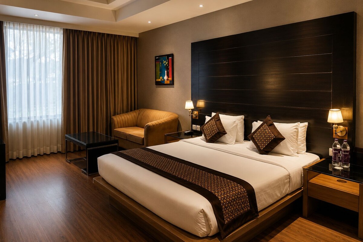 A hotel room with a large bed, a sofa, a desk, and a painting on the wall.