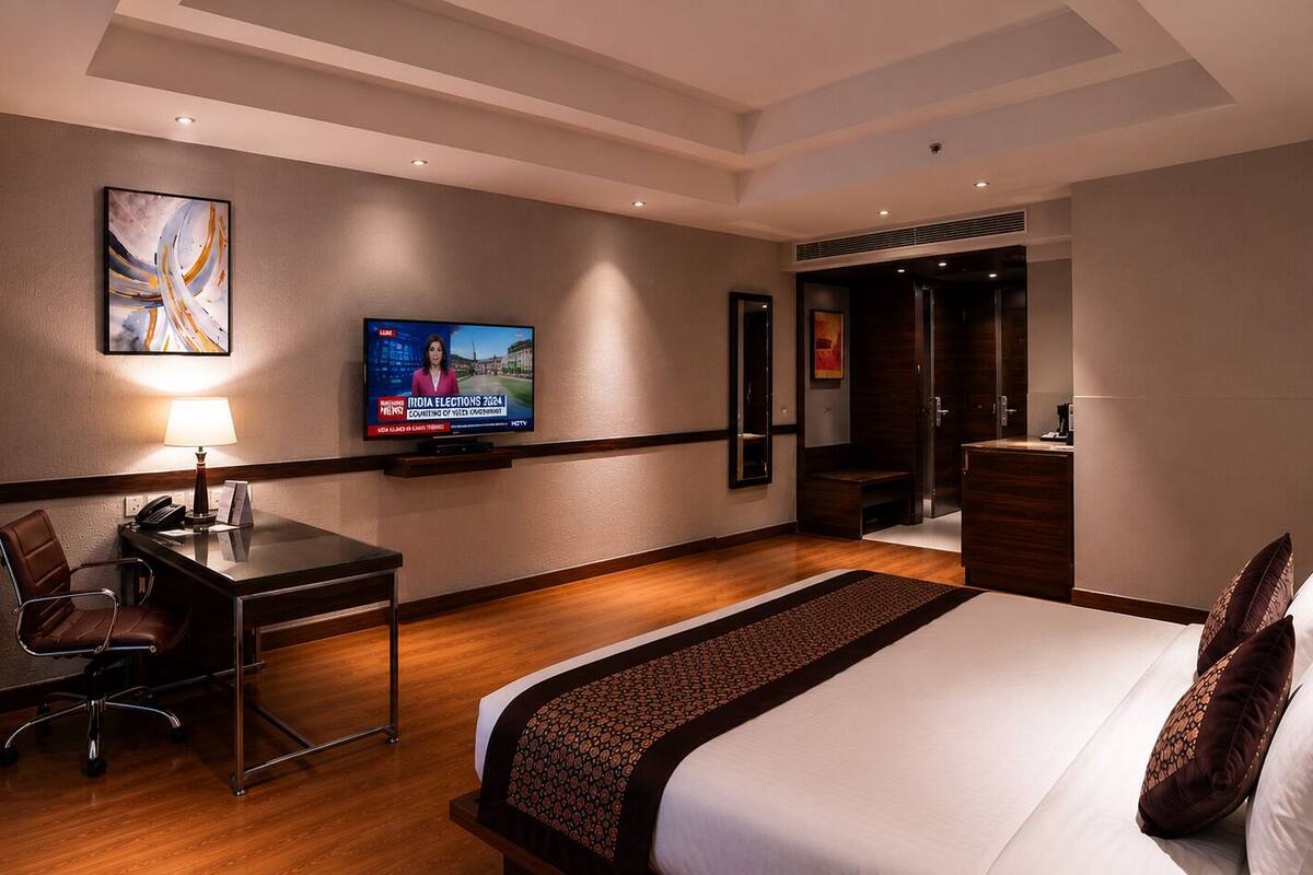 A hotel room with a bed, desk, chair, television, and a door leading to a bathroom.