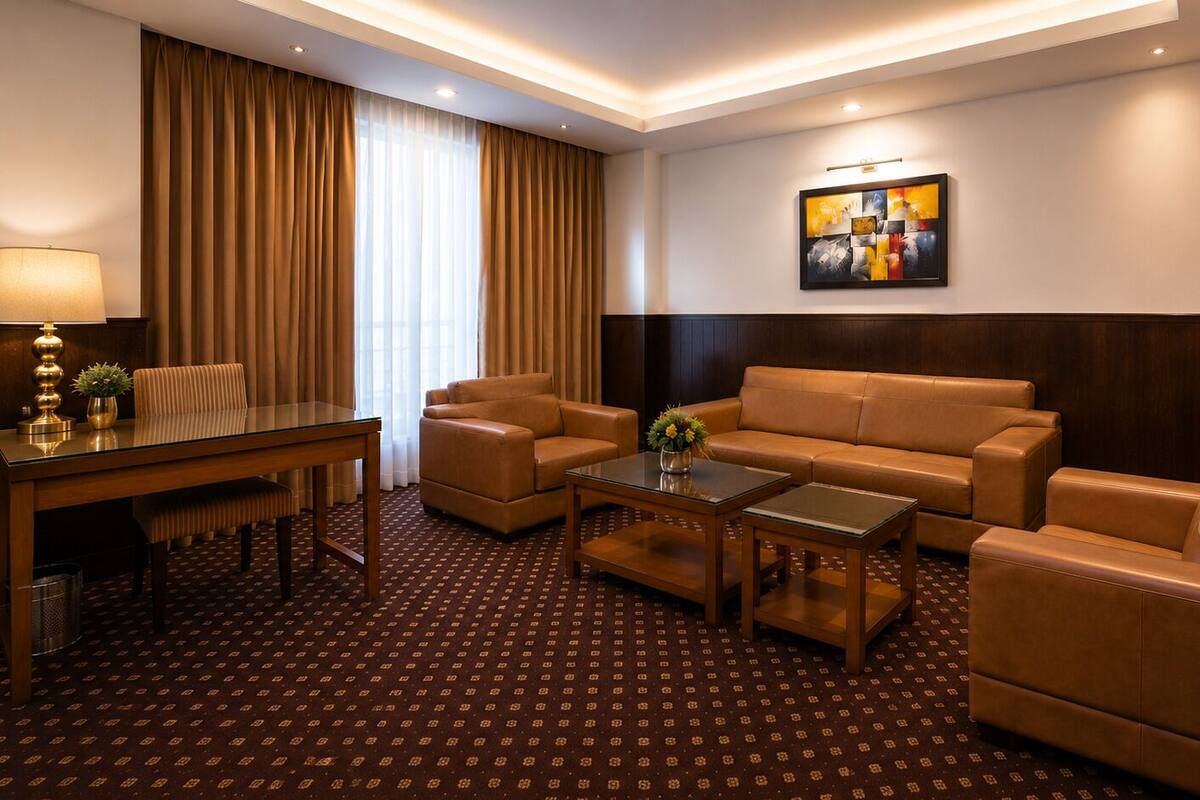 A hotel room with a sofa set, a coffee table, a desk, and a lamp.