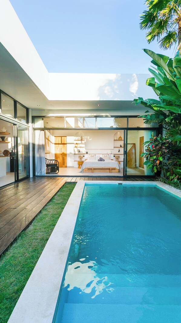 Outdoor pool, sun loungers