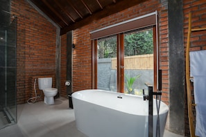 Hair dryer, bidet, towels, soap