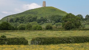 A hill with a tower on top, surrounded by green fields and trees. - The Potting Shed (Langport)