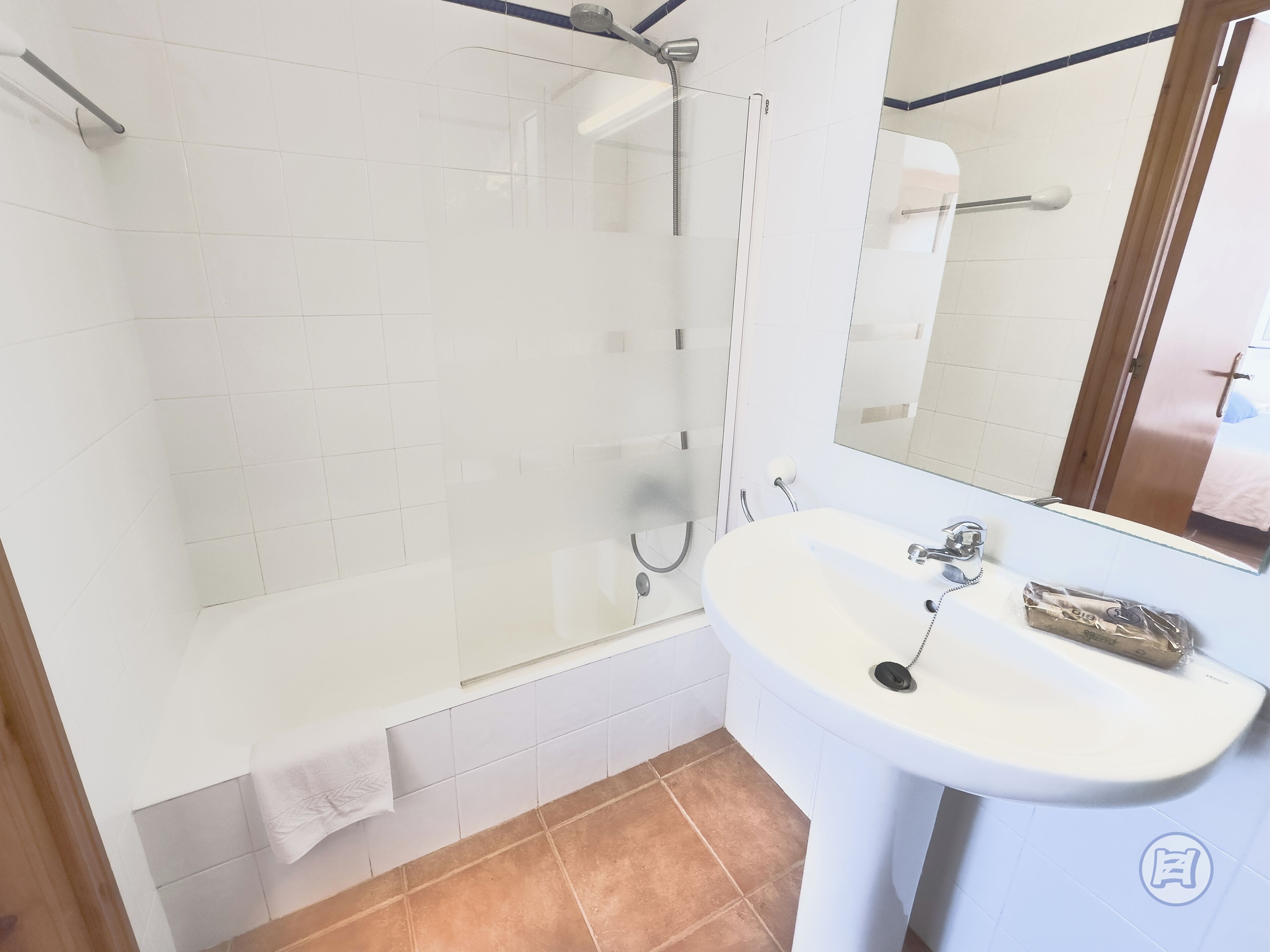 A bathroom with a glass shower enclosure, a white sink, and a mirror.
