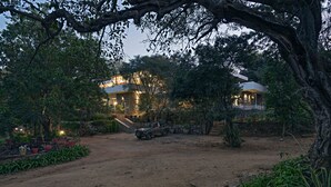 Un edificio rústico con fachada de piedra, rodeado de vegetación exuberante y un camino de tierra que conduce a un vehículo.