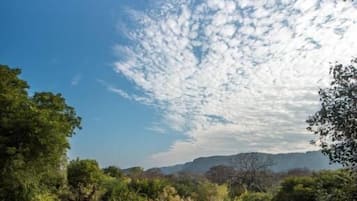 Un ciel d’un bleu limpide parsemé de quelques nuages, une piscine qui reflète le ciel et une vue sur un paysage montagneux à la végétation luxuriante.