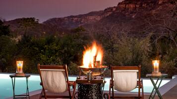 Outdoor pool, pool umbrellas, pool loungers