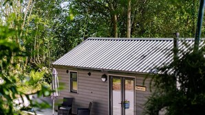 A small cabin with a metal roof, two windows, and a door. There is a patio with outdoor furniture. - The Cabin in the Tamar Valley Cornwall (Gunnislake)
