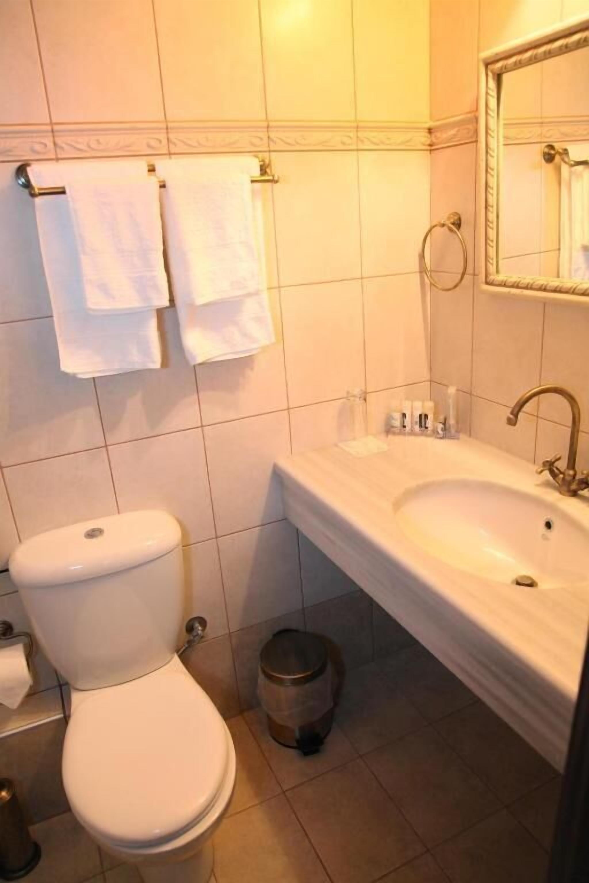 A bathroom with a toilet, sink, and mirror.
