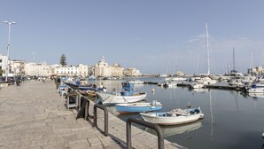 A marina with boats docked along a stone-paved walkway. - Torre Canina Suite & Rooms  (Trani)