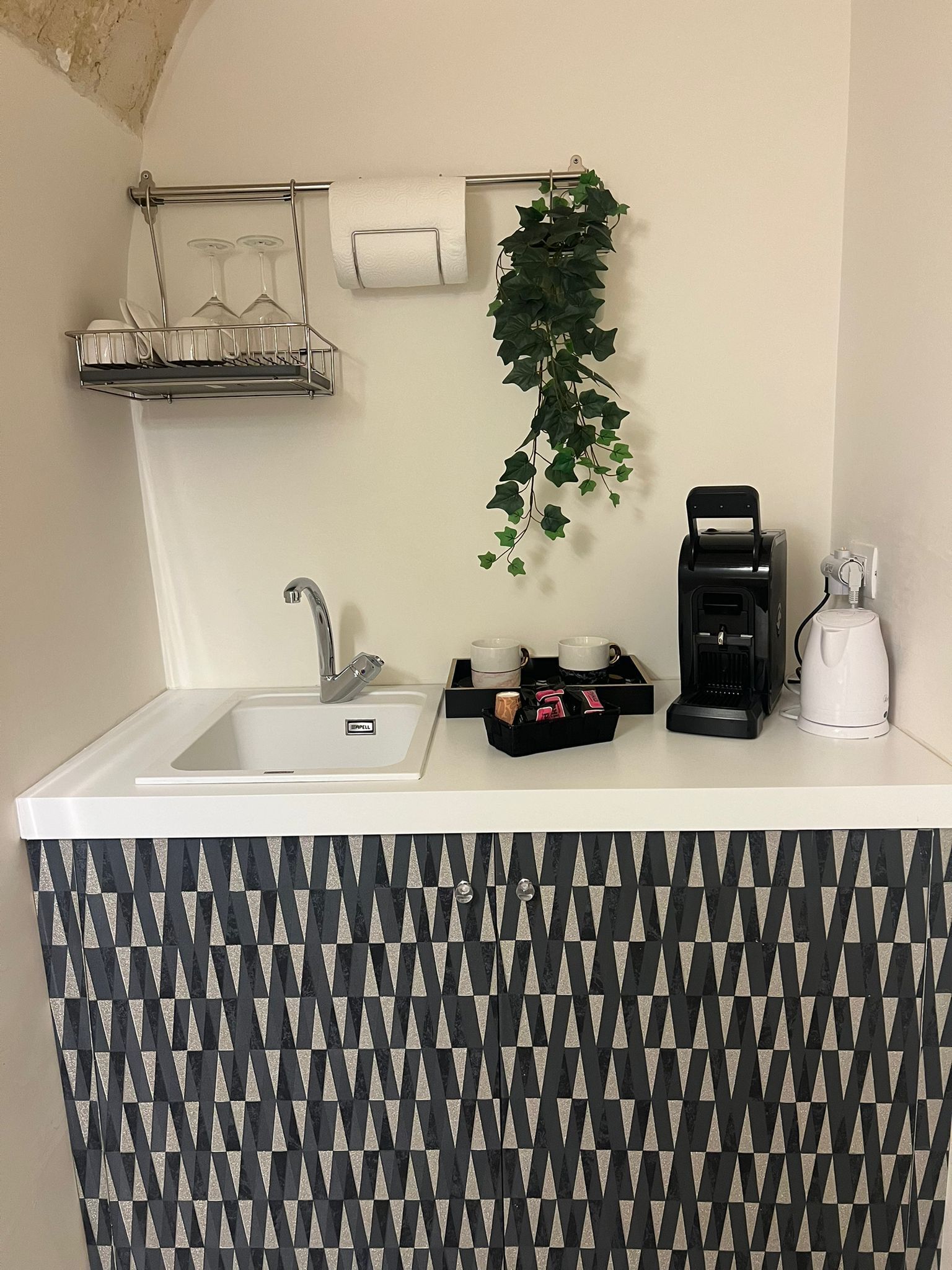 A kitchen with a sink, a coffee maker, a kettle, and a plant.